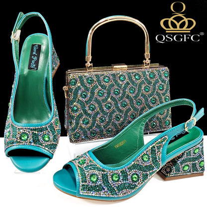 2024 Rhinestone Design INS Hot Sale New Arrivals African Shoes and Bag Set in Green Color Open Toe Comfortable Women Heels