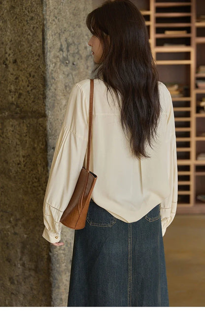 Women's Shirt Lantern Sleeve Hollow Out Tops 2025 Autumn Single Breasted Solid Shirts Lapel Shirt Office Lady MXE41C2359