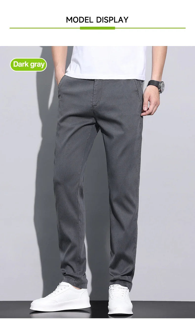 Fiber Fabric Summer Men's Casual Pants Fashion Thin Soft Breathable Elastic Business Slim Straight Trousers Black Gray