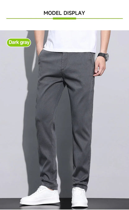 Fiber Fabric Summer Men's Casual Pants Fashion Thin Soft Breathable Elastic Business Slim Straight Trousers Black Gray