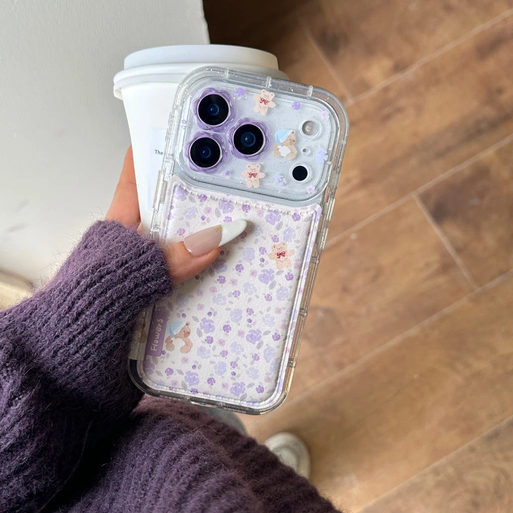 Gentle Purple Flower Stereoscopic Bear Artificial Leather Plush Ball Lanyard Phone Cover Case for iPhone 17 16 15 14 Pro Max