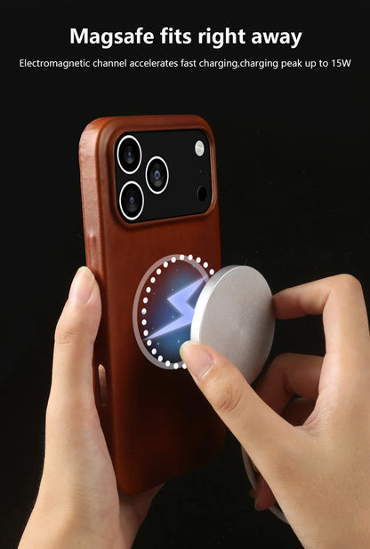 Vintage Oil Wax Full Covered Genuine Leather Case For Iphone 17 Pro Max 16 15 14 13 12 11 for Magsafe Magnetic Phone Cover Cases