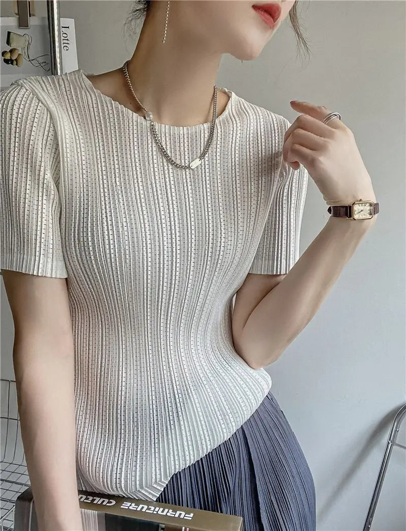 Miyake Pleated Short Sleeve Women's 2023 Summer New Thin Stretch Crew Neck All-Matching Slim Fit Pleated Hollow T-shirt Women