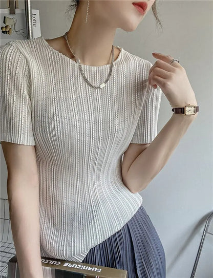 Miyake Pleated Short Sleeve Women's 2023 Summer New Thin Stretch Crew Neck All-Matching Slim Fit Pleated Hollow T-shirt Women