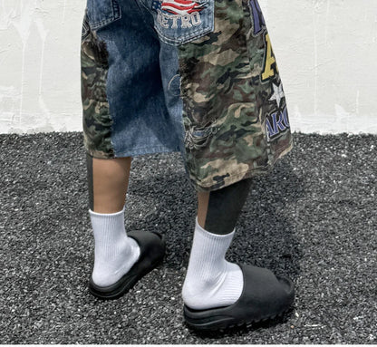 Hip Hop Camouflage Letter Embroidery Loose Fit Five Pocket Mens Streetwear Short Pants Cotton Denim Patchwork Women Shorts