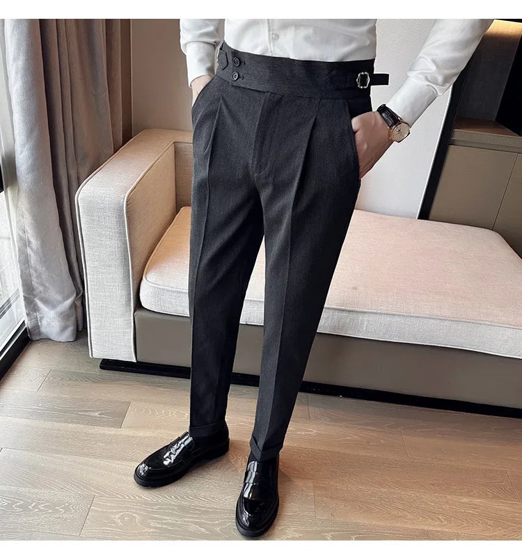 Autumn Winter High Waist Business Dress Pants Men Casual Belt Design Slim Suit Pants Formal Wedding Social Party Male Trousers