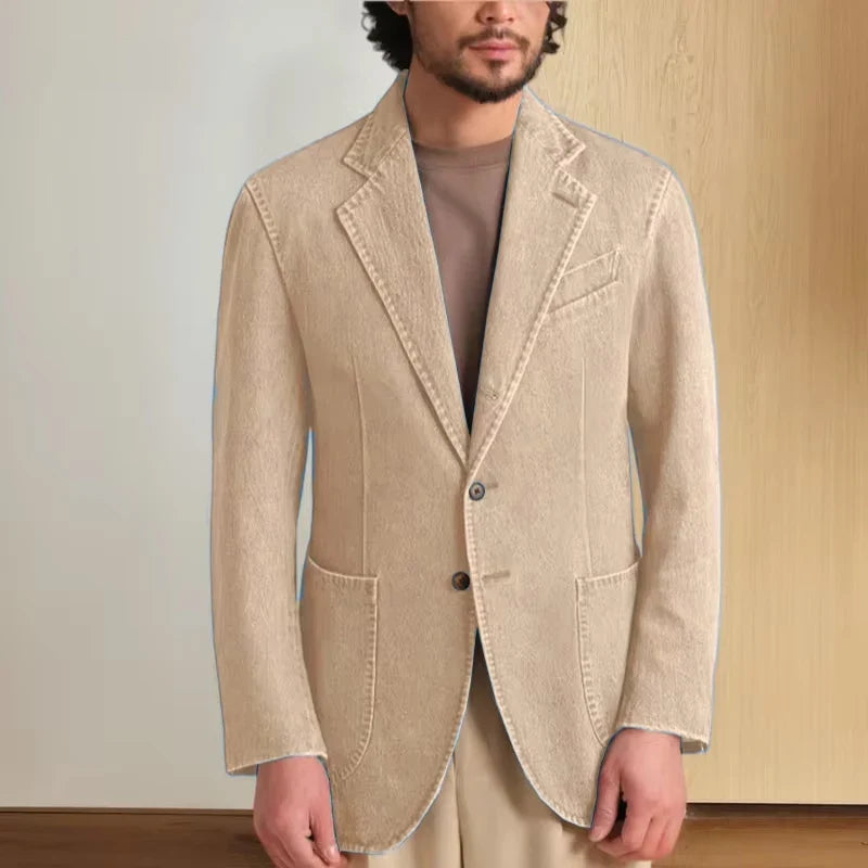 Men's Stretch Denim Blazer Classic Fit Notch Lapel 2 Button Suit Jacket Soft Breathable Business Casual Sport Coat with Pockets