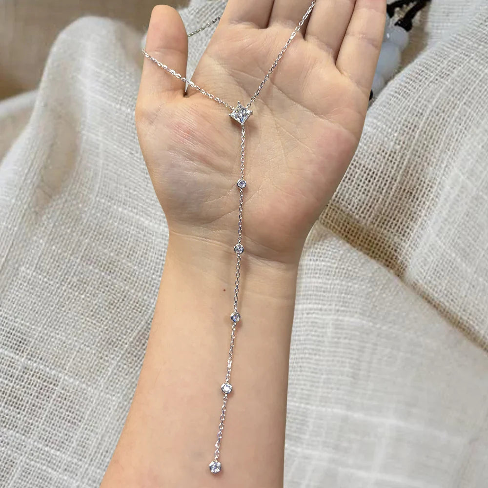1carat Princess Cut Moissanite Lariat Necklace with Round Bubble Pendant Necklace Y-shape S925 Silver Square Neckchain for Women
