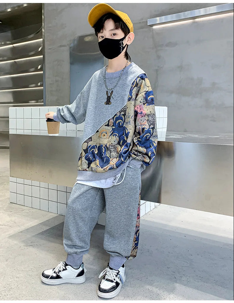 Boys Cotton Cartoon Print Patchwork Workout Sweatshirt+Sweatpant Sets Children 2PCS Tracksuit School Kids Jogging Outfits 5-16Yr