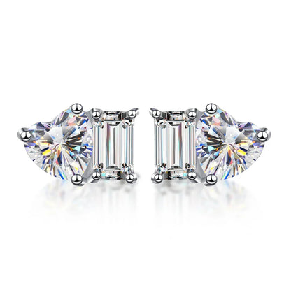 2-stone Heart Emerald Cut Moissanite Stud Earrings D Color Diamond with Certificates 925 Sterling Silver Ear Studs for Women