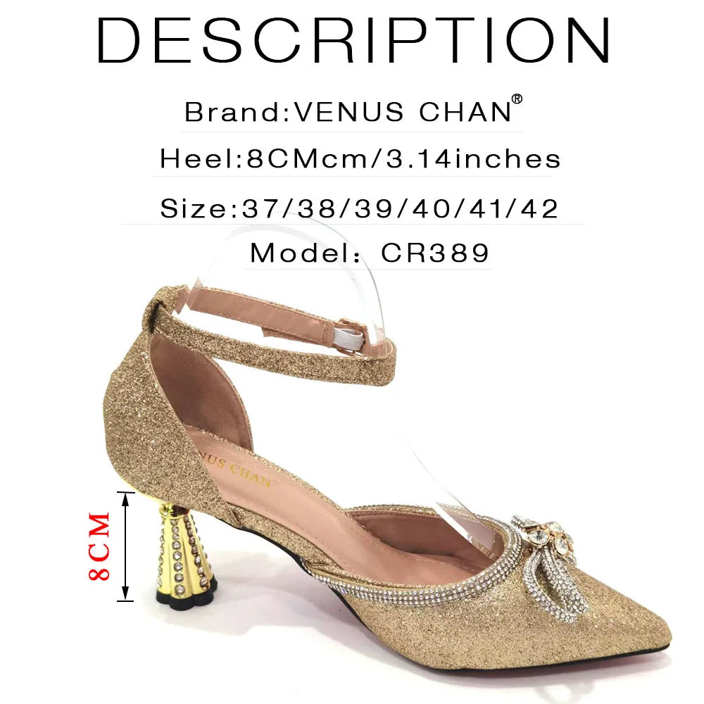 2023 Ladies Pointed-Toe Party High Heels Magenta Colour Bow Rhinestone Stereo Bag Evening  African Wedding Shoe And Bag Set