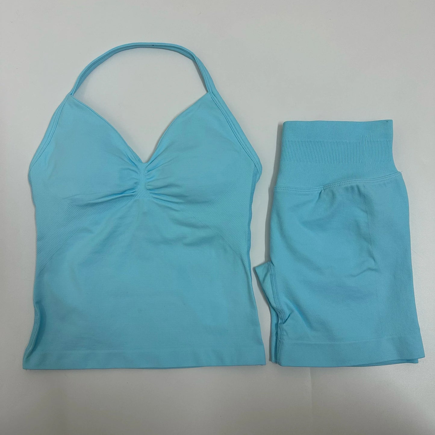 Women Yoga Set Seamless Yoga Longline Strappy Tank Top Scrunch Sports Shorts Gym Clothes Woman Summer Workout Outfit