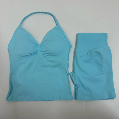 Women Yoga Set Seamless Yoga Longline Strappy Tank Top Scrunch Sports Shorts Gym Clothes Woman Summer Workout Outfit