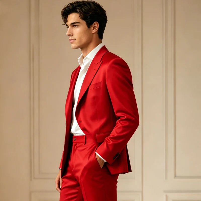Luxury Men's Shiny Satin Suit 2 Piece Notch Lapel 1 button Jacket Wide Leg Flared Pants Wedding Groom Tuxedo Formal Party