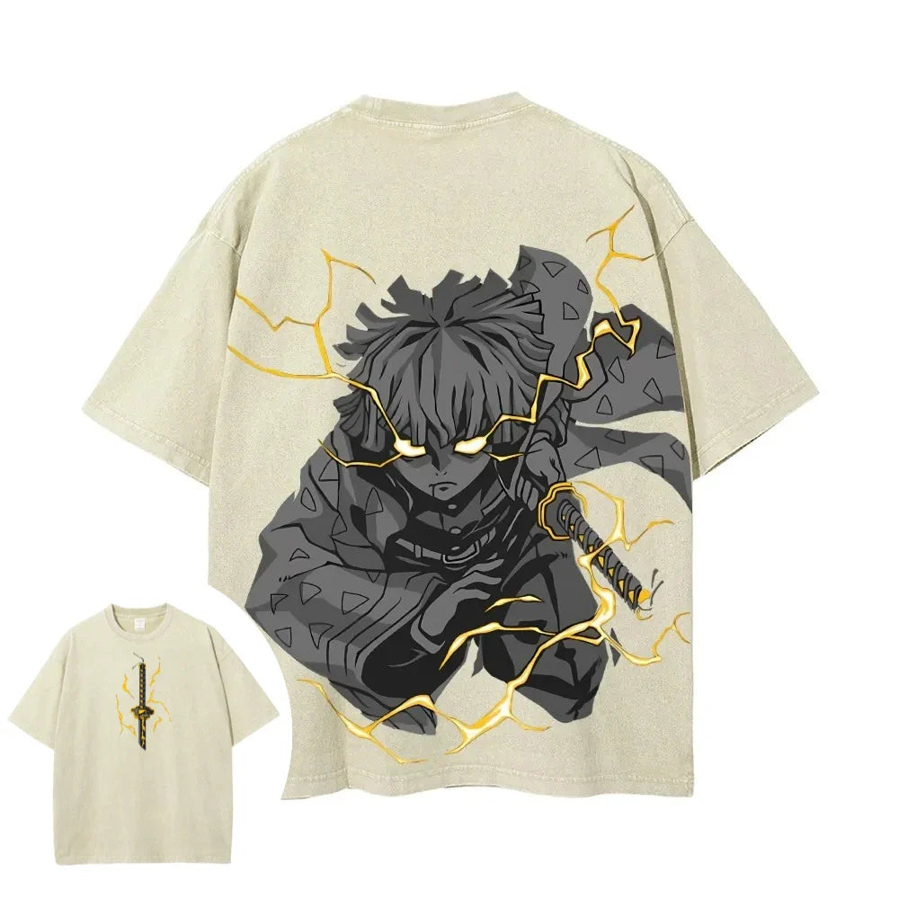 Demon Slayer Men's Women's Washed T-Shirt Zenitsu Agatsuma Summer Spring Anime Tee Retro Distressed High Quality Short Sleeve