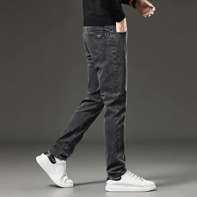 Men's autumn and winter hot jeans elastic small straight leg pants black gray micro elastic zipper fashionable versatile jeans