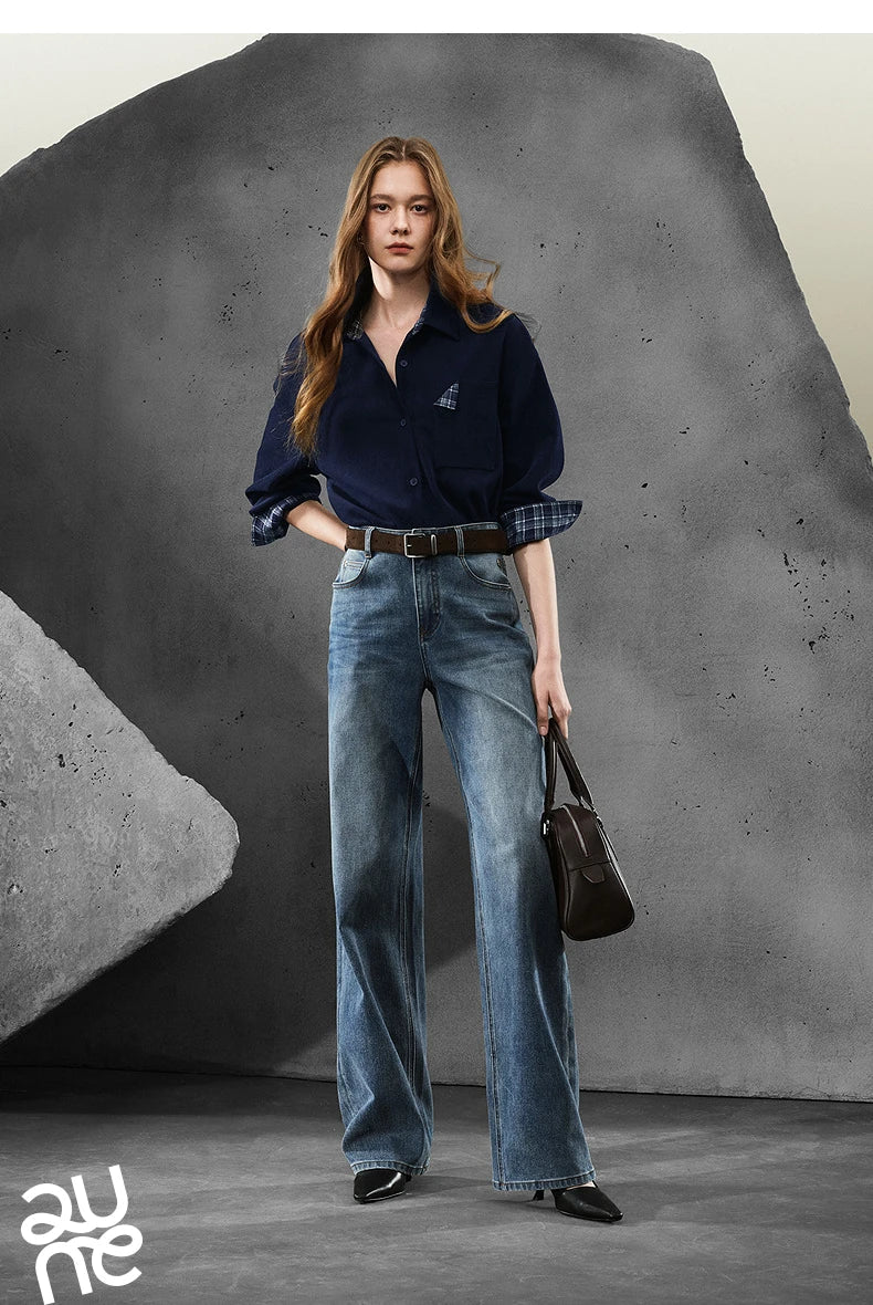 Women Denim Jeans 2025 Autumn New Lycra Stretch Straight Wide Leg Long pants