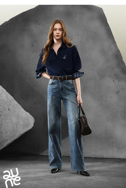 Women Denim Jeans 2025 Autumn New Lycra Stretch Straight Wide Leg Long pants