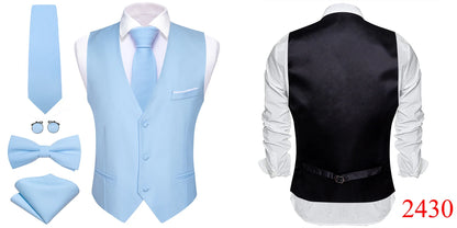 Elegant Vest for Men Pink Solid Satin Waistcoat Tie Bowtie Hanky Set Sleeveless Jacket Wedding Formal Male Gilet Suit Barry Wang