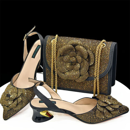 Fashion Ladies Evening Shoes And Bags Paired With Handmade Petal Wine Color Pointed Toe Mid-Heel Nigerian Women Party Shoes
