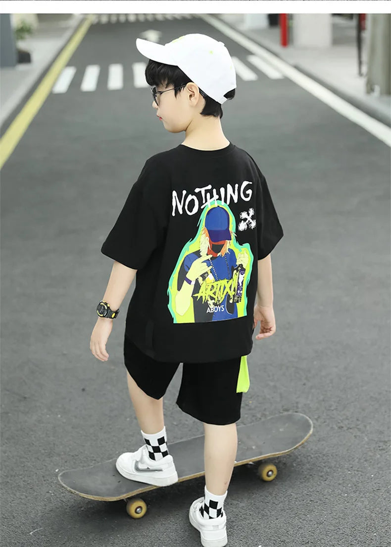 Kpop Boys Clothes Sets 2026 Summer Teen Kids Fashion Letter Print Short Sleeve T-shirt+Shorts 2Pcs Children Tracksuit Outfits