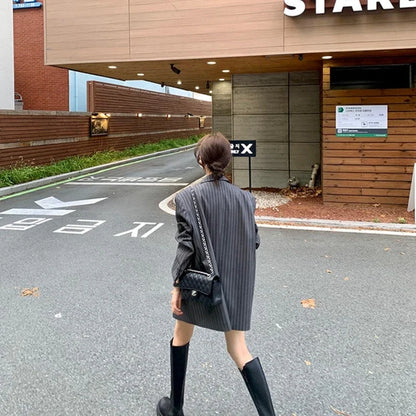 Ele Stripe Loose Faionable Suit Jaet with Belt Hong Kong Sle Retro Chic Top Women's Busin Casual Outerwear