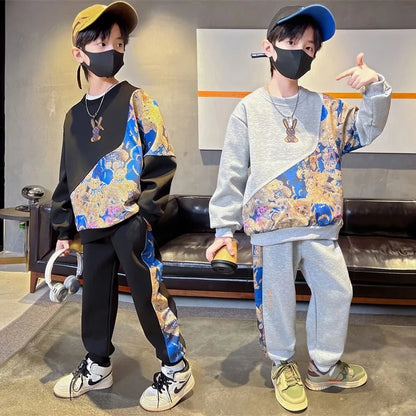 Boys Cotton Cartoon Print Patchwork Workout Sweatshirt+Sweatpant Sets Children 2PCS Tracksuit School Kids Jogging Outfits 5-16Yr