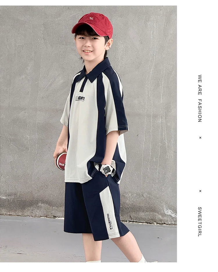 Children New Summer Polo Shirt Set Top And Bottom 2 Pieces Clothing Set for Tween Boys Casual Tracksuit Kids School Outfit Wear