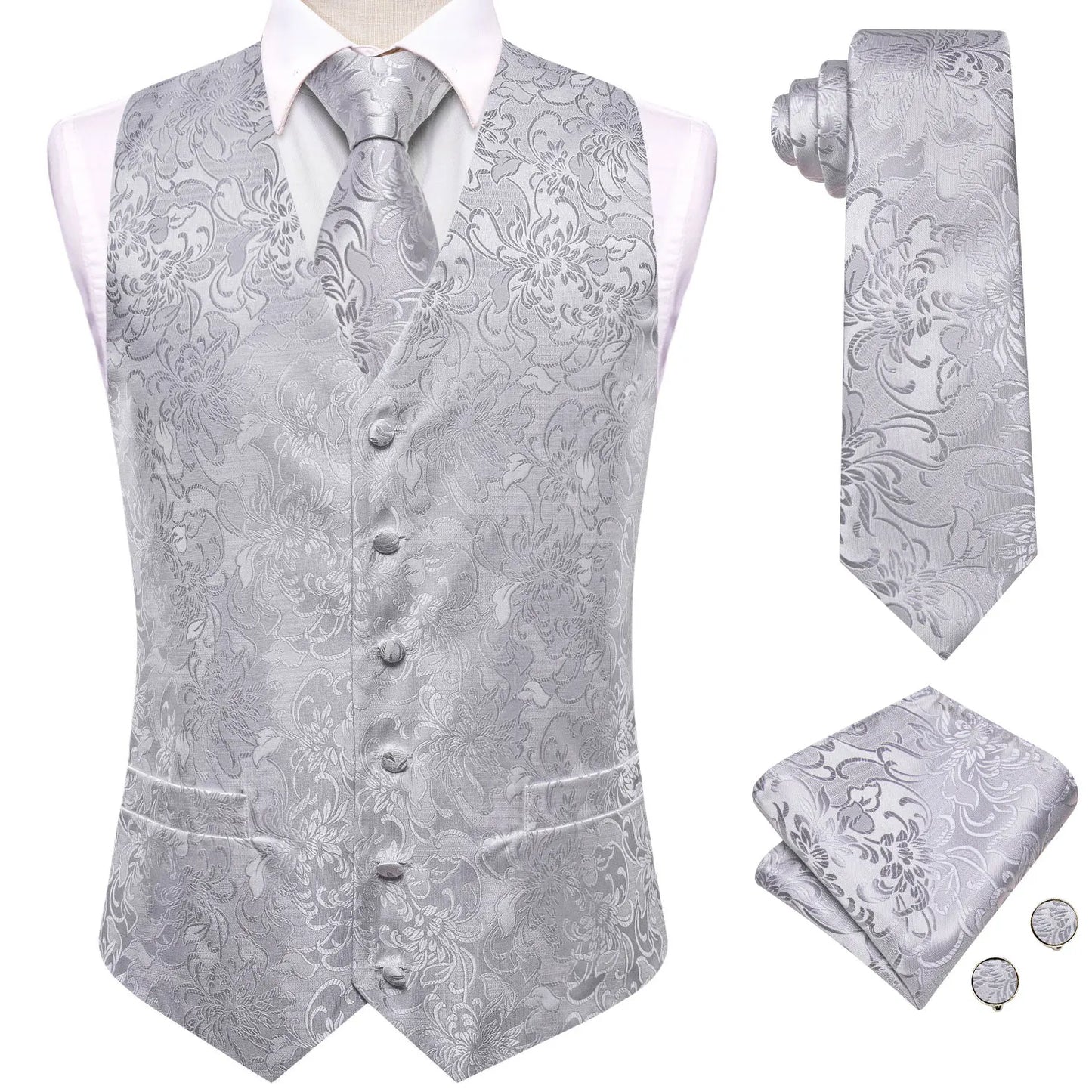 Men's Floral Vest & Tie Hanky Cufflinks Set – Formal Biege Grey White Waistcoat for Weddings Events Party Gift