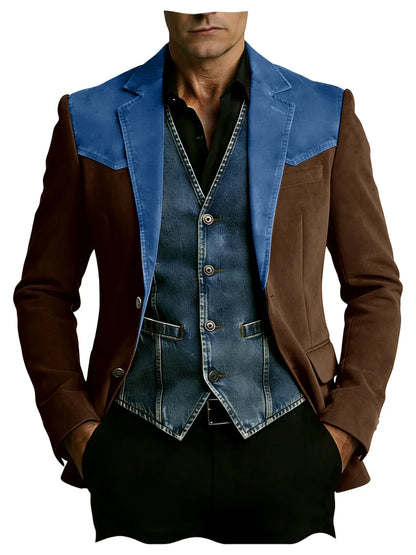 Men's Vintage Suede Blazer Notch Lapel 2 Button Denim Shoulder Collar Patch Jacket Business Casual Daily Wear Coat for Gentlemen
