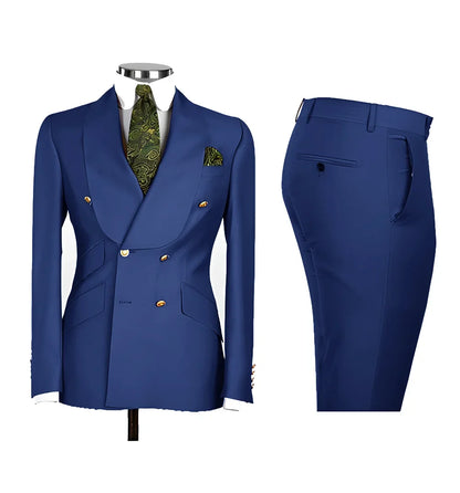 Light Blue Men's Suits Chic Double Breasted Blazer Peak Lapel Elegant Formal Set Male 2 Piece Jacket Pants Wedding Groom Tuxedos