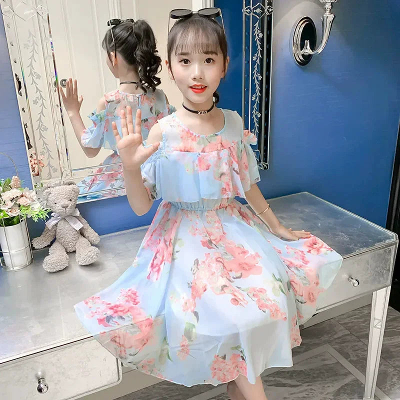 Thin Girl Summer Dress Robe Fille Floral Chiffon Princess Dress Children's Clothing Summer Girls Casual Dresses Kids Vestidos