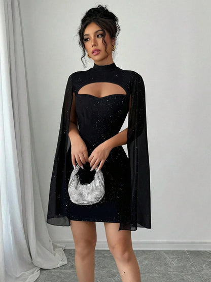 Sexy Women's Stand Collar Cape Mini Dress Sequins Sparkling Club Party Night Out Fitted Bodycon Elegant Autumn Winter