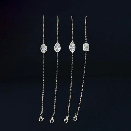 Bracelet en Moissanite Solitaire de 0,5 Carat Sertie Clos pour Femme, en Argent 925, Chaîne de Main avec Diamant Taille Marquise/Poire/Ovale/Radiant