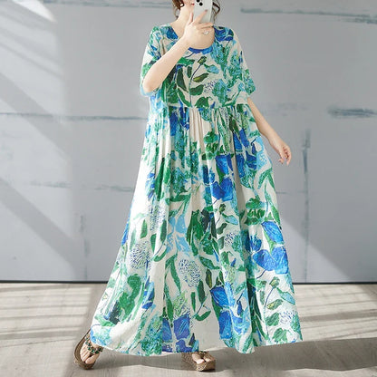 Robe Plus Size 100KG Summer Dress Women Floral Loose Vestidos Para Mujer Casual Maxi Print Cotton Linen Oversized BOHO