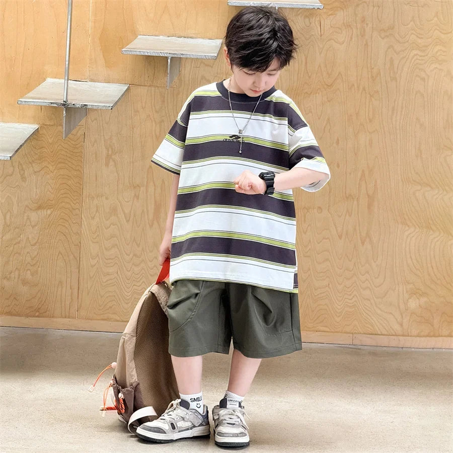 New Arrival Stylish Kids Summer Striped Suit for Teenage Boy Fashion Street Clothing Children Casual T-shirt Shorts 2PCS Set