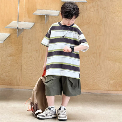 New Arrival Stylish Kids Summer Striped Suit for Teenage Boy Fashion Street Clothing Children Casual T-shirt Shorts 2PCS Set