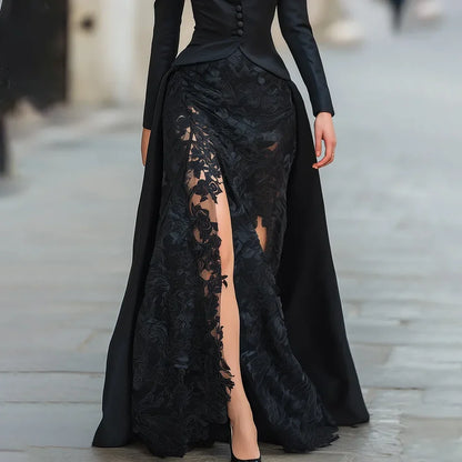 Black Suit Evening Dress Customized V-Neck Long Sleeves Lace Applique Mermaid Evening Gowns Long Satin Formal Party Dresses