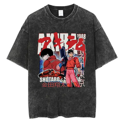 Washed Vintage Anime Akira T Shirts Japanese Science Fiction Cartoon Movie Shotaro Kaneda T-shirt Men's Manga Oversized T-shirts