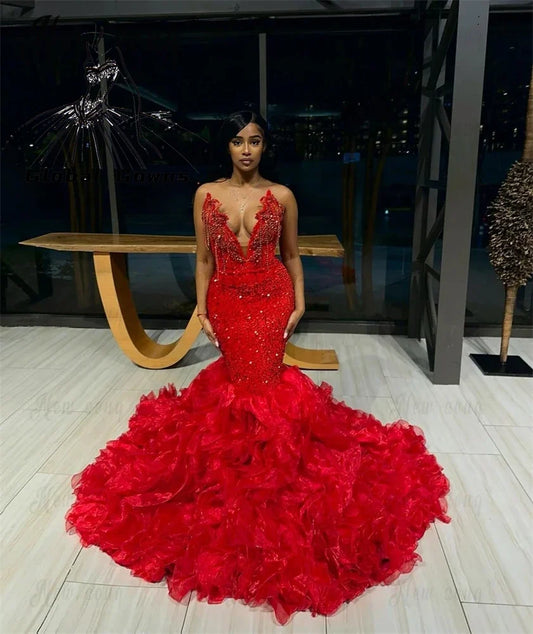 Red Strapless Sequin Long Prom Dresses Black Girl Bead Crystal 2024 Birthday Luxury Dress Tassel Ruffles Evening Gown Customized