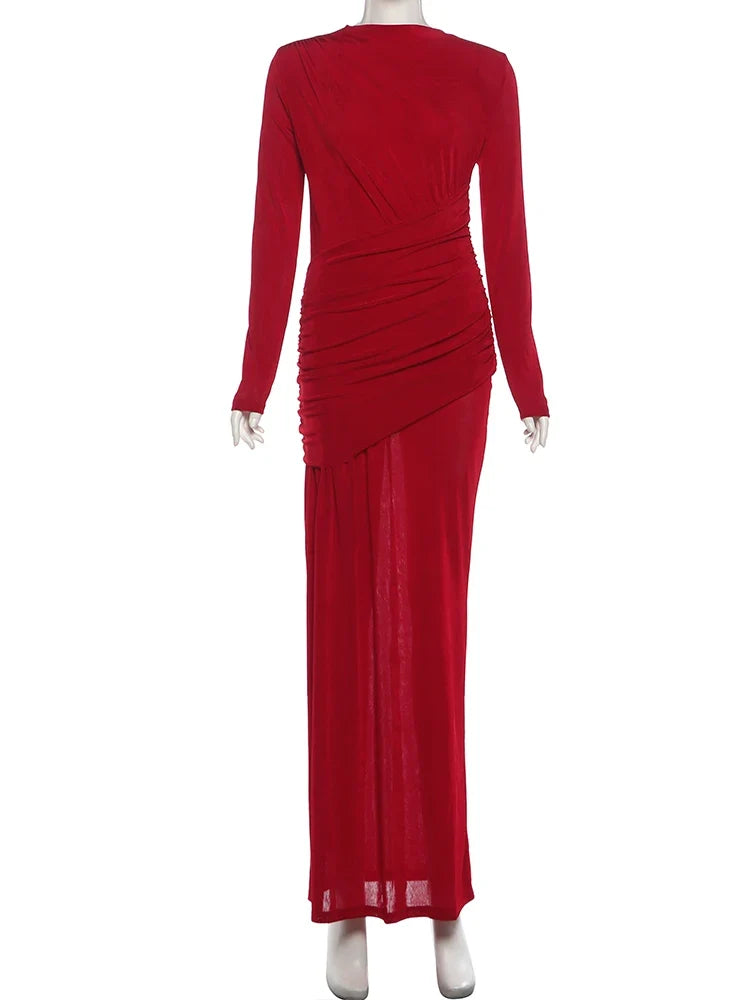 Folds Maxi Dress Women o-Neck Full Sleeve Solid Banquet Elegant Vacation Fashion Autumn Skinny Casual Simple Vestidos