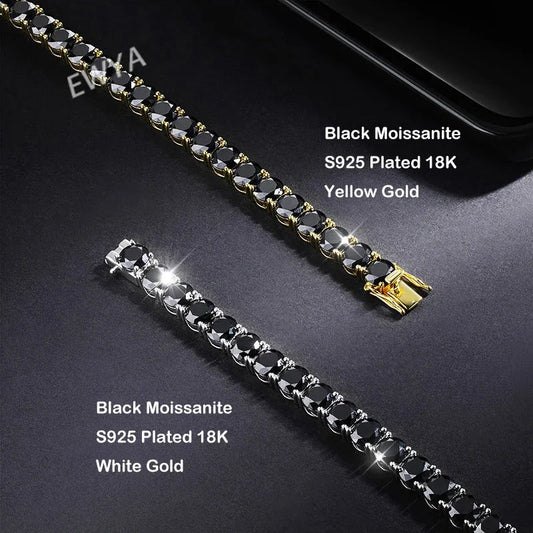 Bracelet de tennis en moissanite noire intégrale GRA certifié 3/4/5 mm pour femmes et hommes, en argent sterling 925 plaqué or rose 18 carats