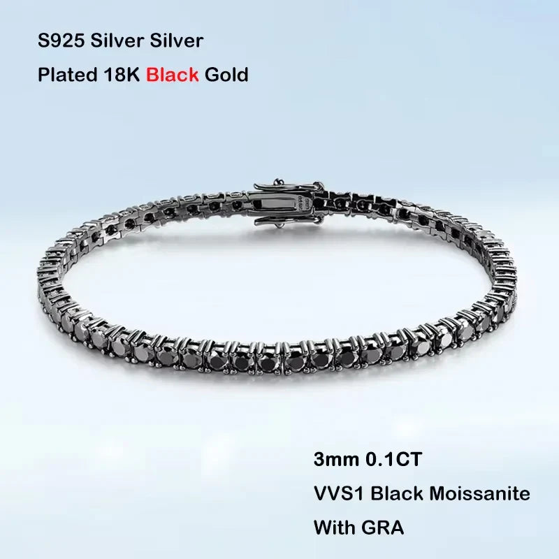 GRA Certified 3mm 0.1CT Gradient Color Black Grey White Moissanite Tennis Bracelet for Men Woman 925 Silver Link Bracelets