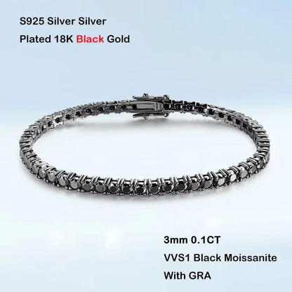 GRA Certified 3mm 0.1CT Gradient Color Black Grey White Moissanite Tennis Bracelet for Men Woman 925 Silver Link Bracelets