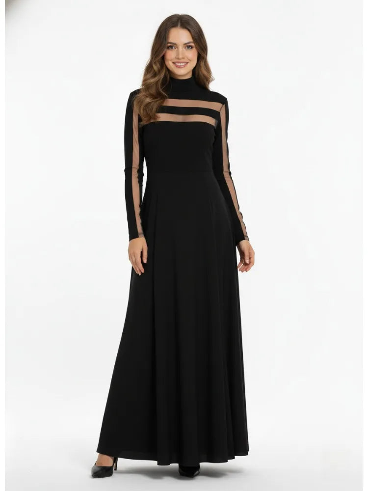 Freeacy Women's Black High Neck Long Sleeve High Waist Flared Maxi Gown See-through High-End Evening Dresses 2026 Party Dress