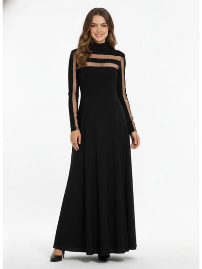 Freeacy Women's Black High Neck Long Sleeve High Waist Flared Maxi Gown See-through High-End Evening Dresses 2026 Party Dress