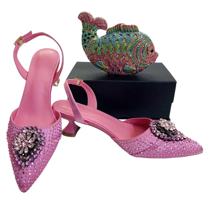 Italian Designer Evening Shoes With Clutch Bag Set for African Wedding and Bridal Occasions Lace Embroidered Beads Women's Shoes