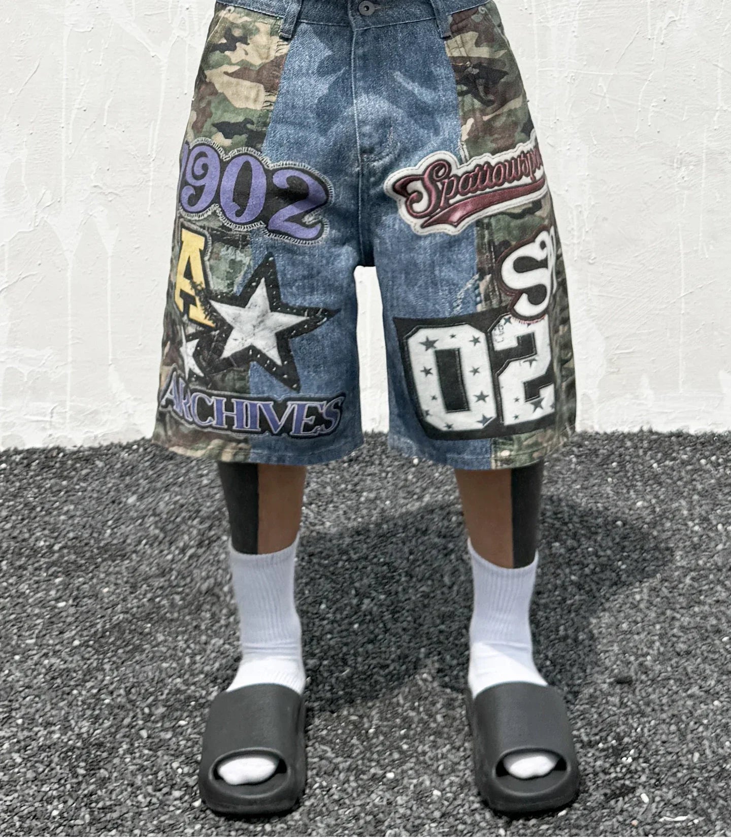 Hip Hop Camouflage Letter Embroidery Loose Fit Five Pocket Mens Streetwear Short Pants Cotton Denim Patchwork Women Shorts