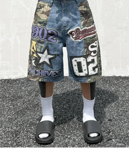Hip Hop Camouflage Letter Embroidery Loose Fit Five Pocket Mens Streetwear Short Pants Cotton Denim Patchwork Women Shorts