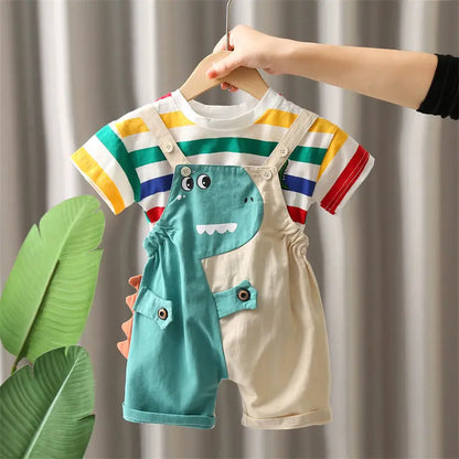 Summer Kids Boys Clothing Toddler Fashion Rainbow Clothes T Shirt Cartoon Dinosaur Bib Pants 2Pcs/Set Children Costume Suit